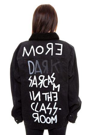 More sarcasm hand-painted faux fur collar denim jacket – one off #007