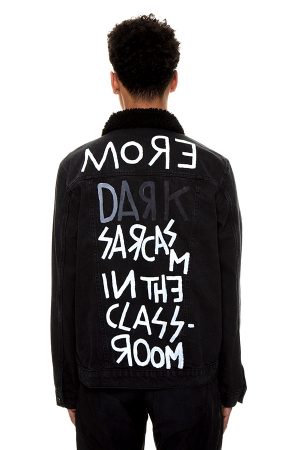 More sarcasm hand-painted faux fur collar denim jacket – one off #007